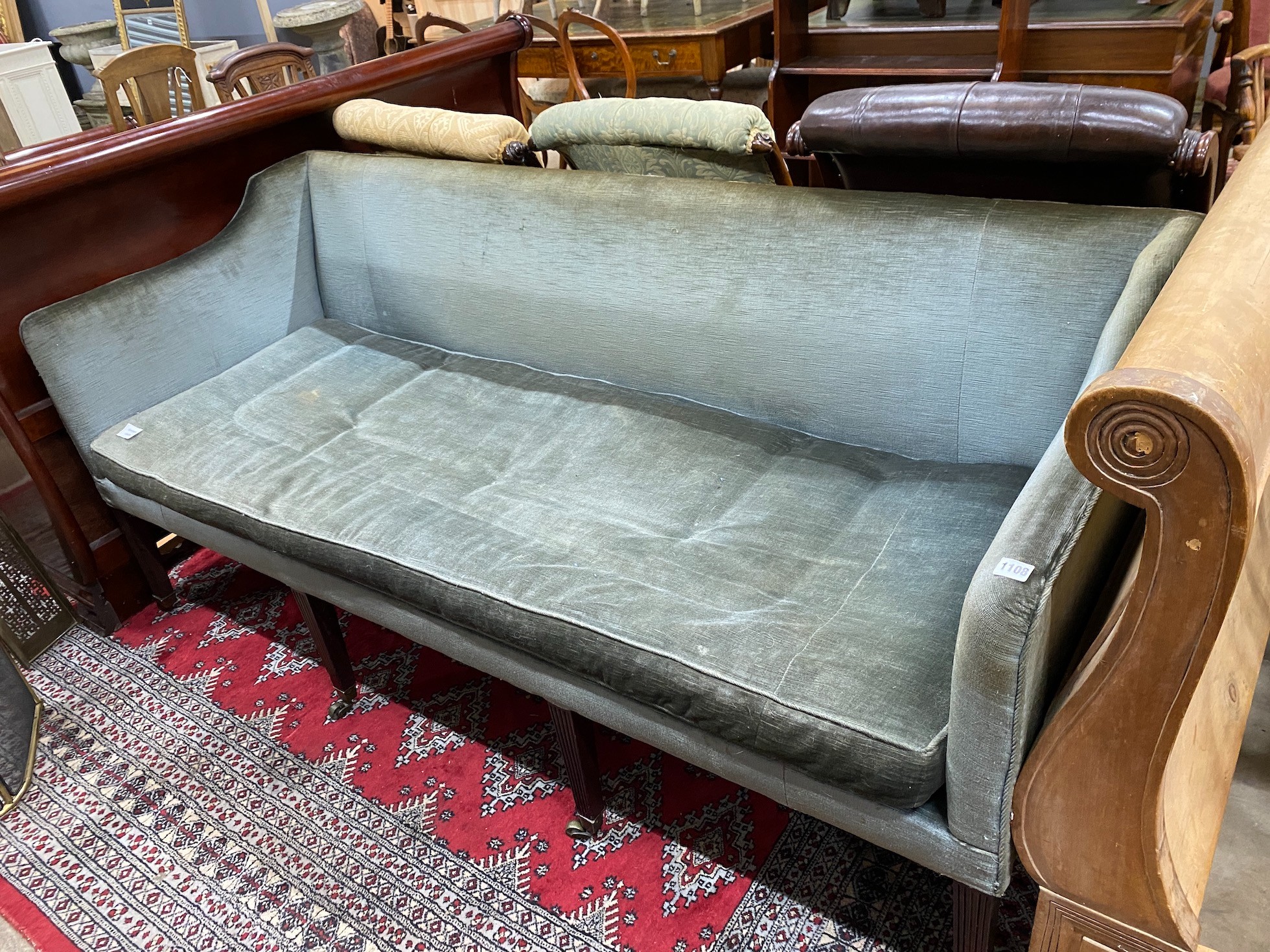 A 19th century upholstered three seater settee covered in pale blue velvet, length 185cm, depth 74cm, height 85cm